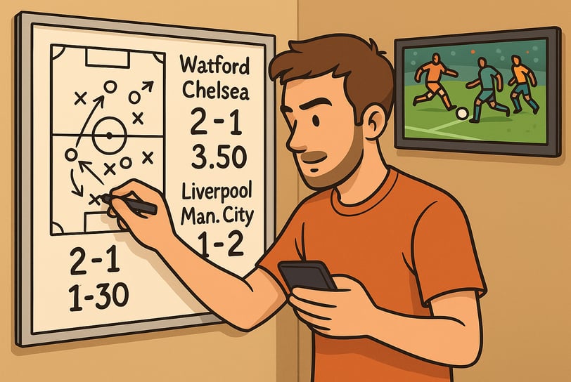 desenho de homem fazendo anotações sobre futebol em uma lousa enquanto mexe no celular