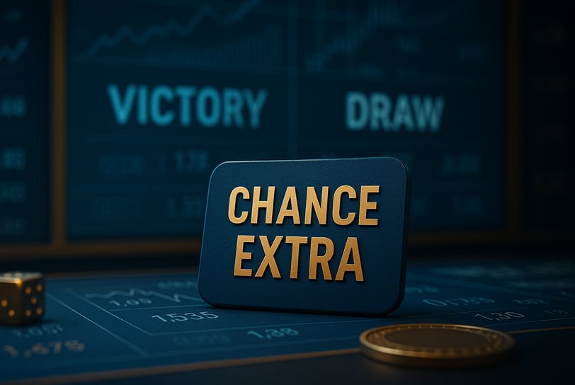 Cartão azul com as palavras "Chance Extra" em dourado sobre mesa de apostas, ao fundo tela digital 