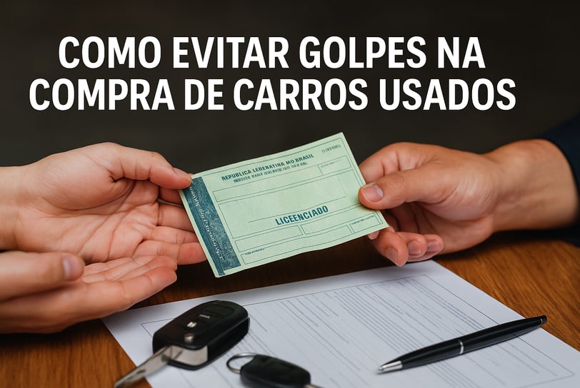 Duas mãos trocando um documento automotivo brasileiro com a palavra “LICENCIADO”, sobre uma mesa de