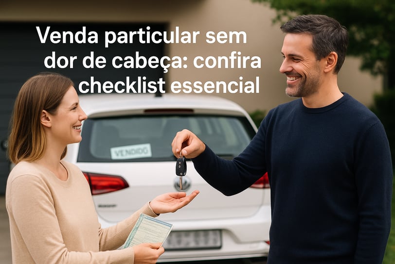 Homem entrega chave de carro para mulher sorridente com adesivo “VENDIDO” e documento na mão.
