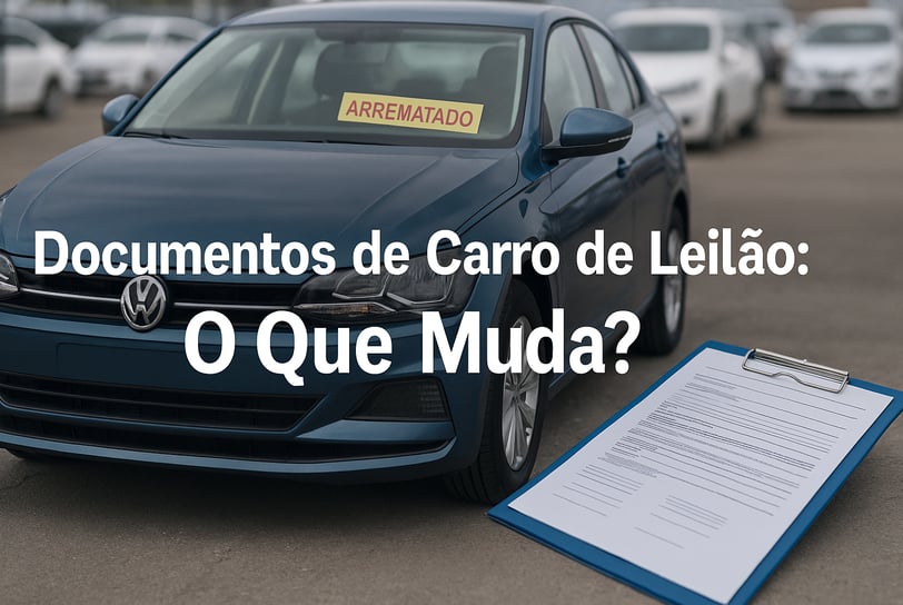 Carro azul com etiqueta 'ARREMATADO' em pátio de leilão, ao lado de uma prancheta com documentos e a