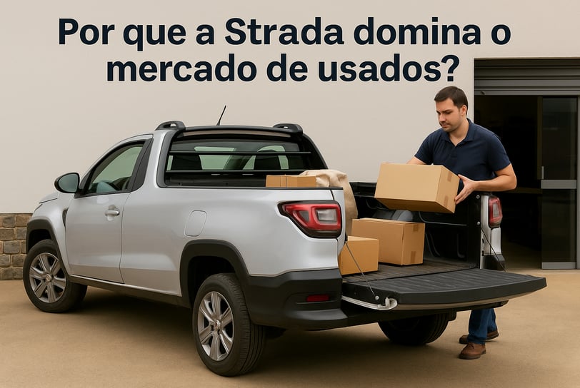 Homem carregando caixas na Fiat Strada prata com frase "Por que a Strada domina o mercado de usados?