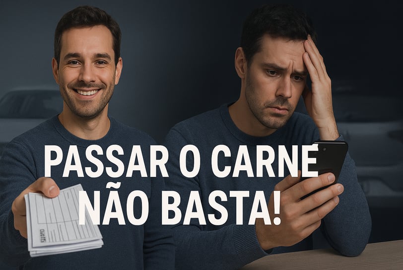 Alt da imagem: Homem dividindo a cena em dois momentos — à esquerda, entrega um carnê de boletos com