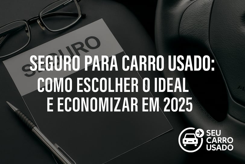 Documento de seguro automotivo sobre uma mesa, ao lado de uma caneta e óculos, com volante de carro