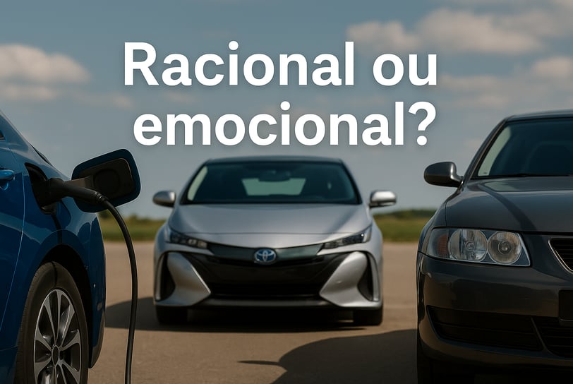 Comparativo entre carros elétrico, híbrido e tradicional em uma estrada, com a frase “Racional ou em