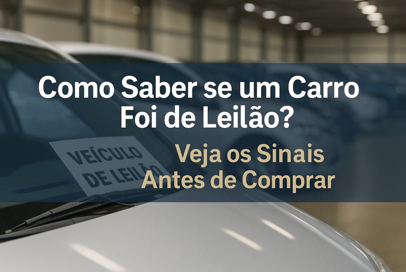 Foto de um carro com uma placa no para-brisa escrito “VEÍCULO DE LEILÃO”, em um galpão com outros ca
