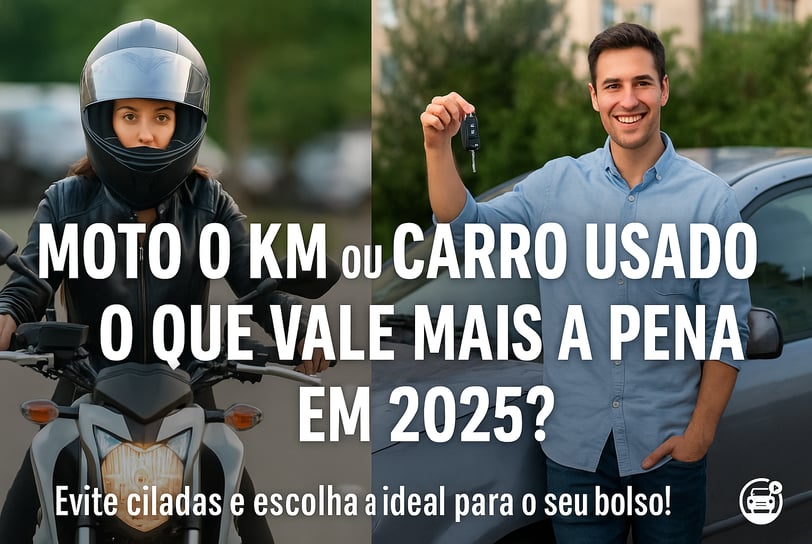 Imagem comparativa com o tema “Moto 0 km ou Carro Usado? O Que Vale Mais a Pena em 2025?”. À esquerd