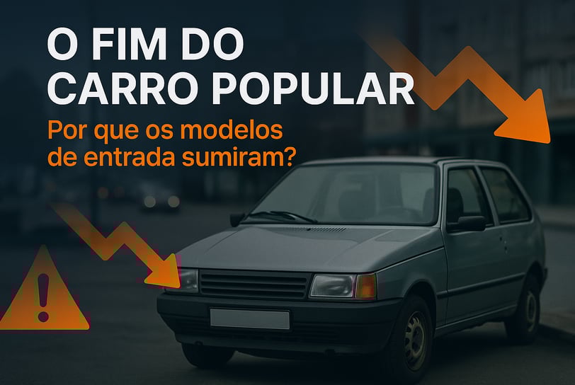 Fiat Uno antigo estacionado em uma rua urbana com céu nublado, sobreposto por setas laranja apontand