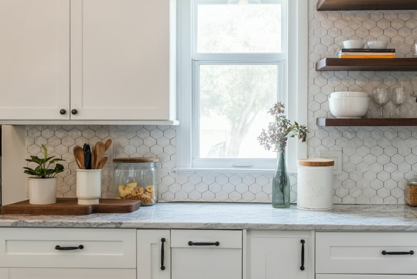 a kitchen with white cabinets and white cabinets