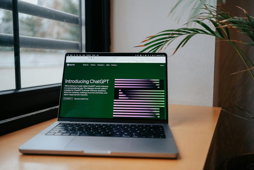 a laptop computer sitting on a desk with a plant in front of it