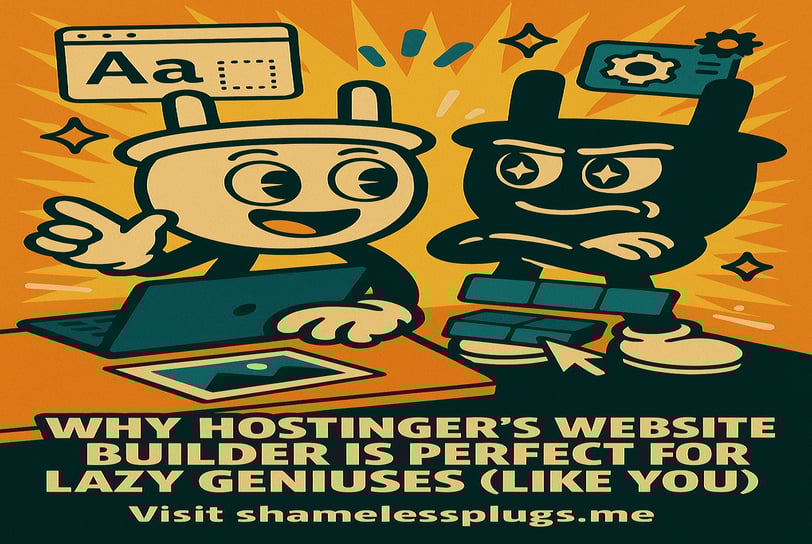 Retro-style digital illustration promoting Hostinger’s website builder. Features Plugsy at a compute