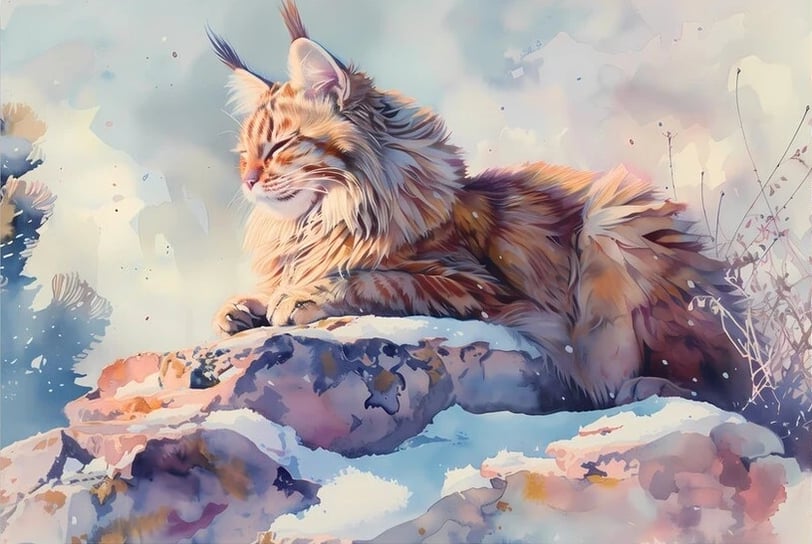 un maine coon assis sur un rocher dans la neige
