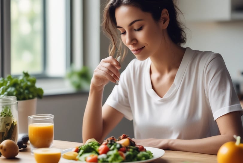 a woman sitting at a table with a plate of food