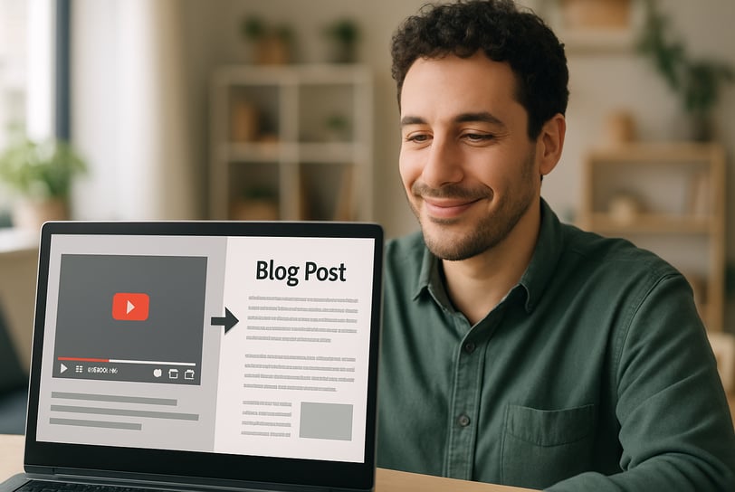 Person converting video to blog post on laptop.