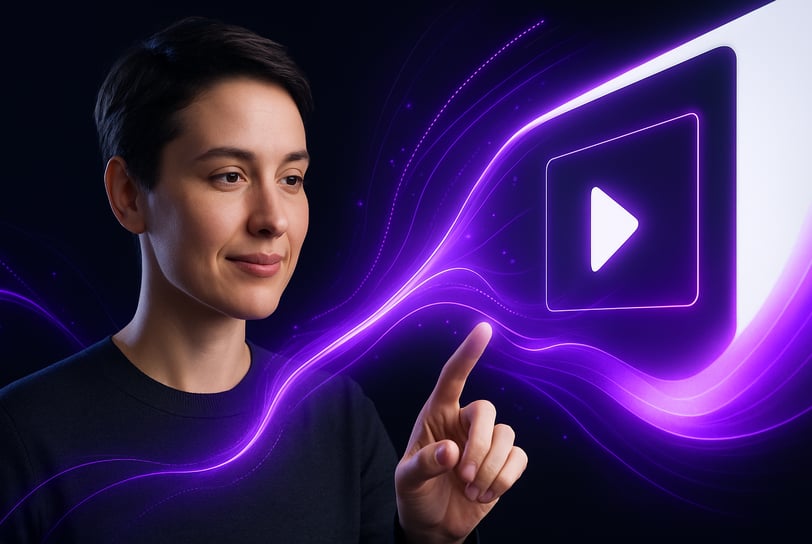 Person using AI video software on screen, purple and white.