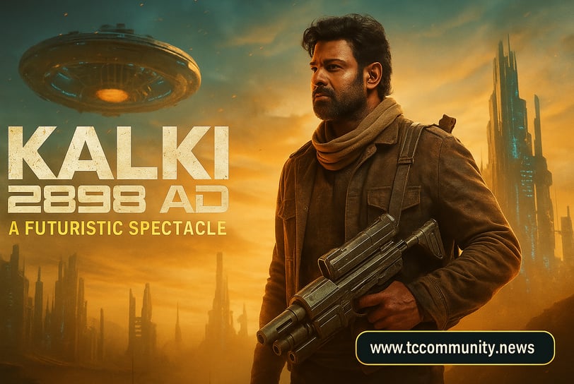 Futuristic digital poster for Kalki 2898 AD, featuring Prabhas in a high-tech sci-fi