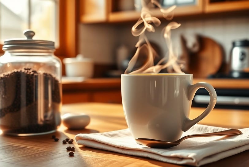 a cup of coffee with a steaming up steam in the background