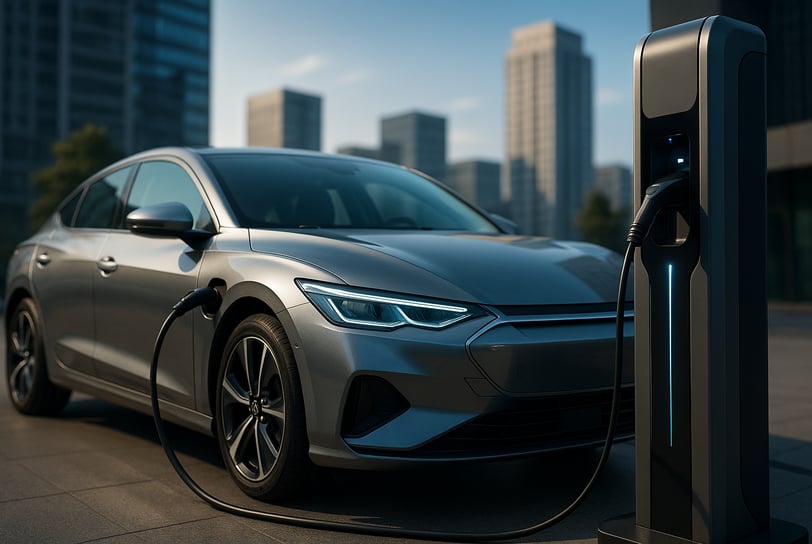 Carro elétrico prateado de design moderno conectado a uma estação de recarga ultrarrápida em ambient
