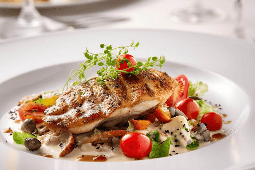 A beautifully presented dish with chicken and salad