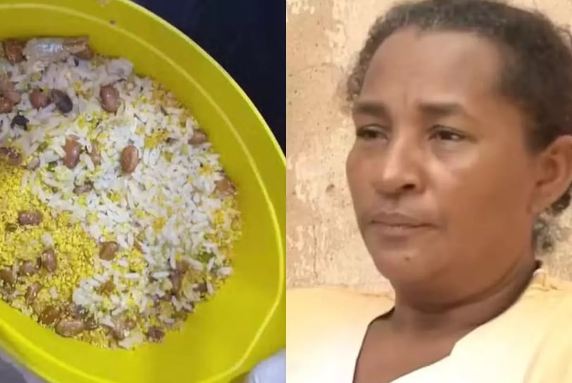 a woman holding a large yellow bowl filled with rice