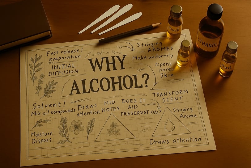 Fragrance worksheet titled “Why Alcohol?” with perfume notes, ethanol, and testing tools.