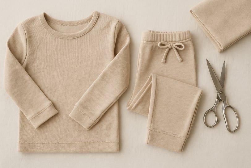 Handmade beige cotton shirt and pants with sewing scissors on a soft background.