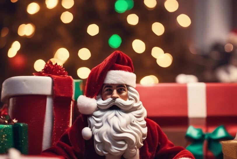 a santa clause sitting on a table with presents