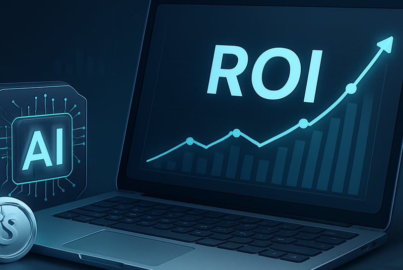 Laptop screen displaying “ROI” with upward graph, surrounded by AI technology elements, representing AI-driven return on inve
