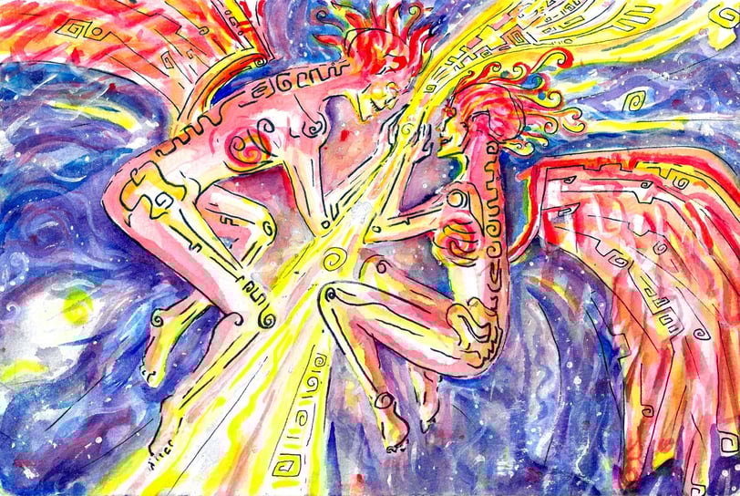 Illustration à l'aquarelle de la rencontre deux âmes ailées dans un décor galactique