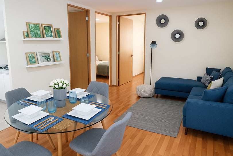 Interior de departamento muestra con comedor y sala modernos, piso laminado, sofá azul, decoración