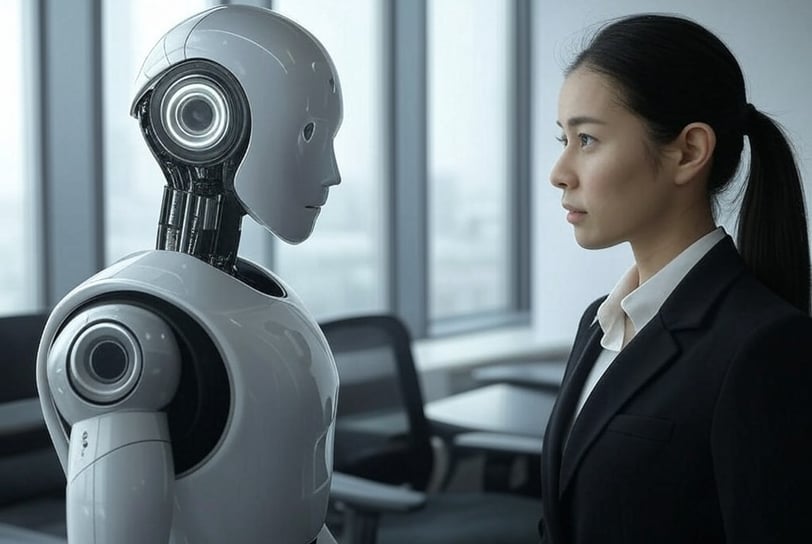 a woman in a suit and tie standing next to a robot