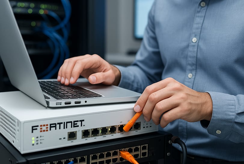 Fortinet firewall cihazı üzerinde çalışan bir uzman, ağ güvenliği ve veri koruma altyapısını yapılan