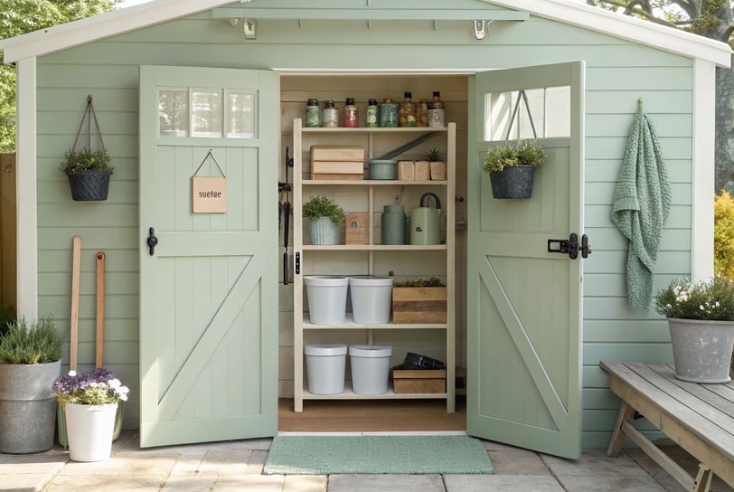 A clean and organized garden shed with tools neatly hung on a pegboard, shelves stocked with labeled bins