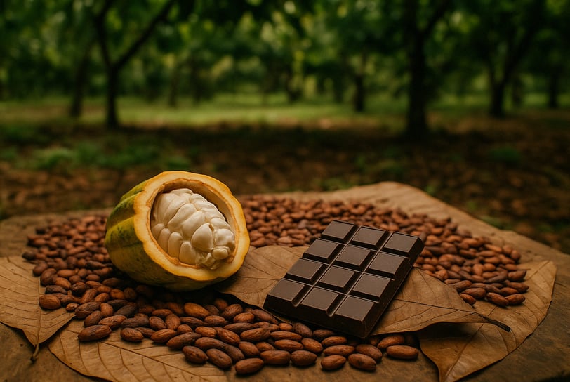 Cacau fresco e fermentando sobre folhas no terreiro, ao lado de chocolate artesanal em barra,