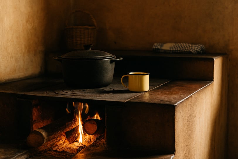 Fogão a lenha aceso em cozinha rústica, com panela de ferro, chaleira fumegando e utensílios antigos