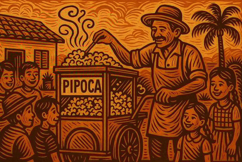 Carrinho de pipoca em rua brasileira, com cheiro no ar, crianças ao redor e clima de festa popular