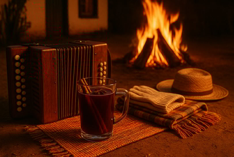 Cena noturna de festa junina com vinho quente e sanfona, capturando o calor, a dança e a cultura bra