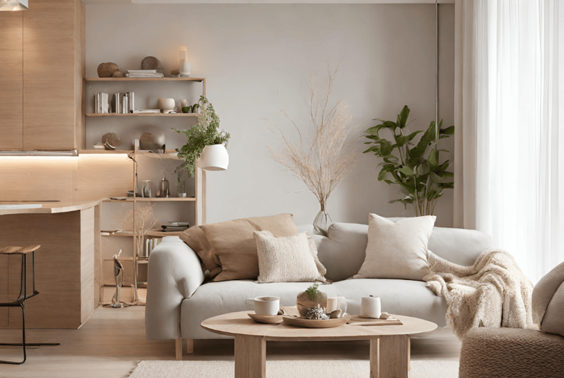 Salon beige avec canapé, table basse et plante verte