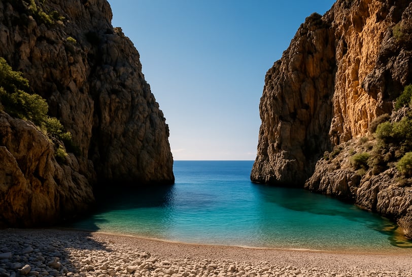 Cala secreta en Mallorca con aguas cristalinas rodeada de acantilados rocosos – Maiorca Unlocked.