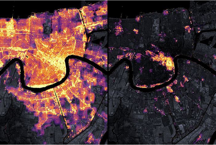 New Orleans region satellite city lights befor (left) and after (right) Hurricane Ida knocked out power (Image source: NASA)