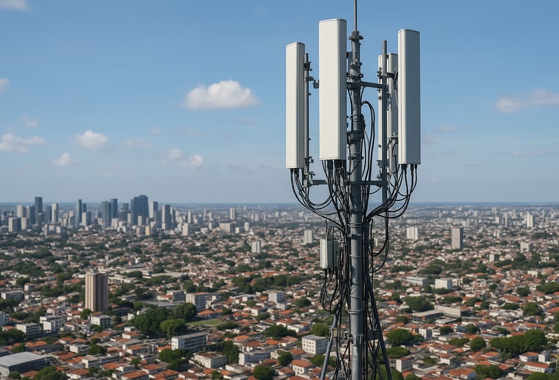 Antena de telecomunicação 5G em destaque, com vários painéis e cabos, instalada sobre uma cidade com