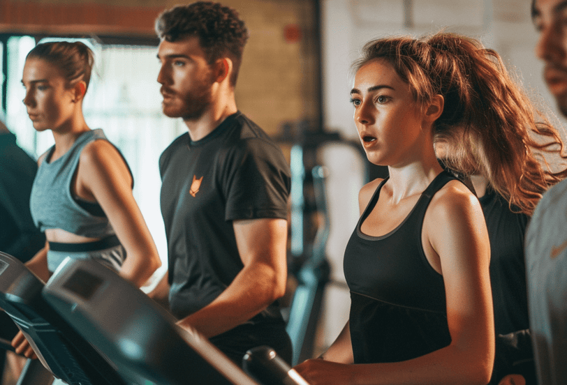 a group of people on a treadmill