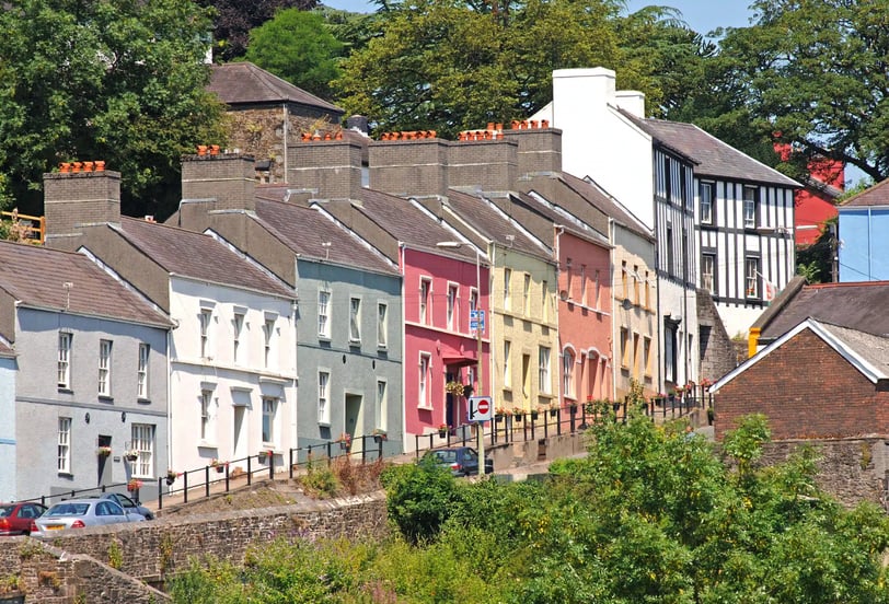 The colourful houses on Llandeilo main street as it climbs the hill