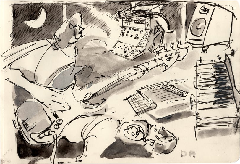a drawing of a man playing guitar in a recording studio