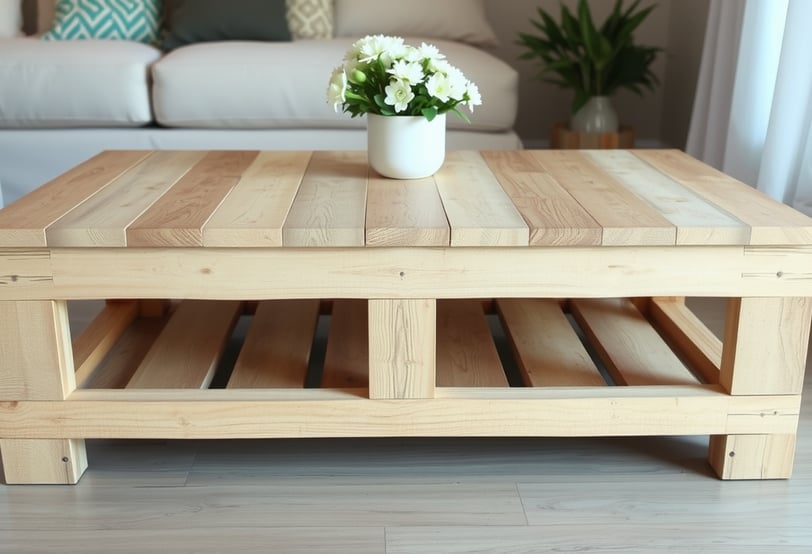 a pallet coffee table with a vase of flowers