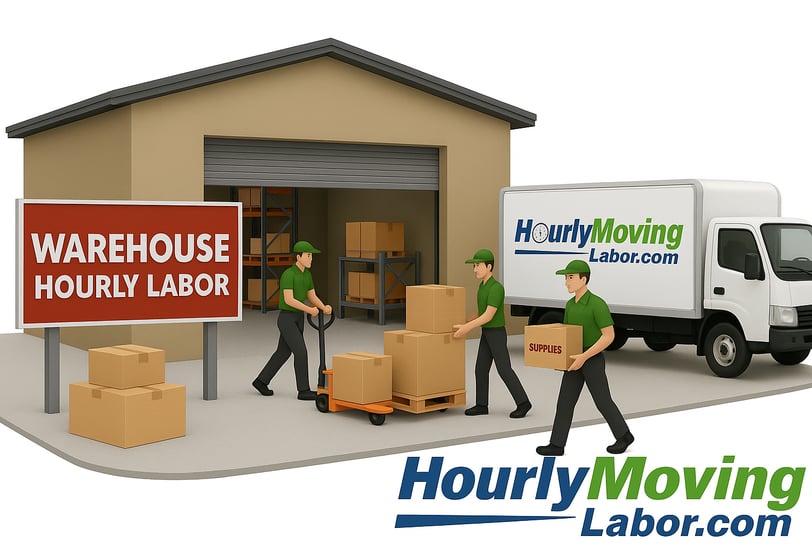 a man moving a truck with a sign that says warehouse moving labor