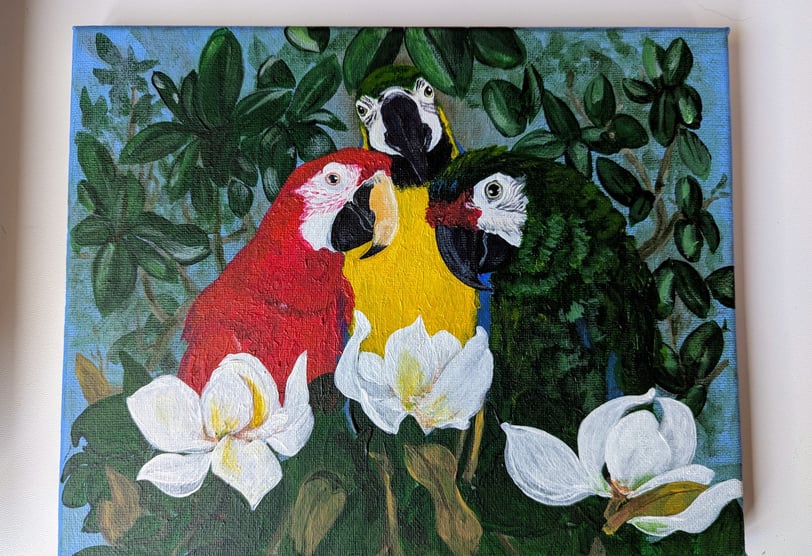 Three macaws in a magnolia tree small acrylic pet portraiture painting.