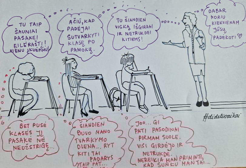 iliustracija kaip mokytoja duoda komplimentus mokiniams