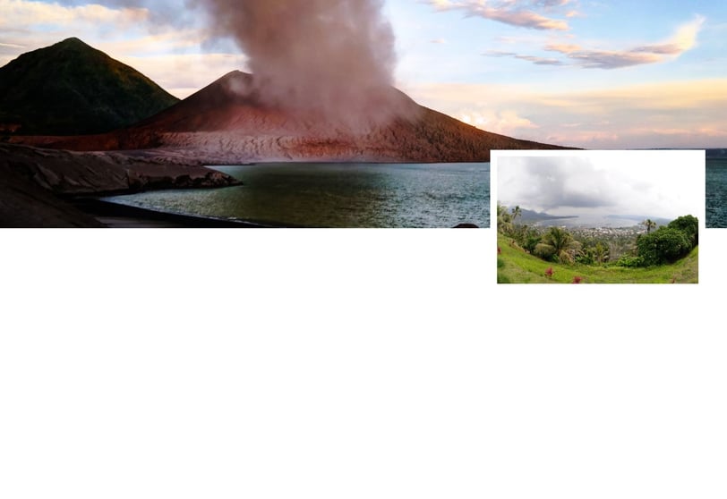Paisagem vulcânica de Rabaul, Papua-Nova Guiné, com o vulcão Tavurvur ao fundo soltando fumaça.