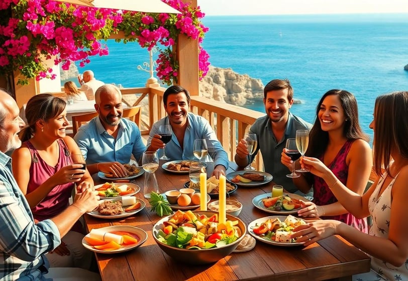 men and women eating at a restaurant in Greece